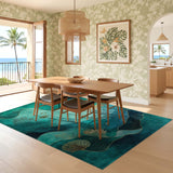 ODIKA Washable Abstract Teal & Gold Ocean Rug - Low Pile Non-Slip Area Rug