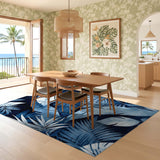 ODIKA Navy Blue Tropical Palm Leaf Washable Area Rug, Low Pile Non-Slip Botanical Rug