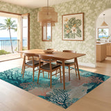 ODIKA Washable Coastal Coral Reef Area Rug - Non-Slip Low Pile Teal & Coral Pink Decor