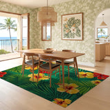 ODIKA Tropical Hibiscus Floral Washable Area Rug, Low Pile Non-Slip Green Carpet