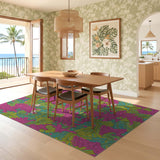 ODIKA Vibrant Magenta & Lime Green Botanical Washable Area Rug - Low Pile Non-Slip Non-Shedding Carpet