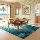 ODIKA Ocean Coral Reef Washable Area Rug - Teal Blue Coastal Low Pile Rug