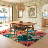 ODIKA Tropical Hibiscus Floral Washable Area Rug - Low Pile Non-Slip Machine Washable Carpet