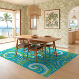 ODIKA Washable Abstract Swirl Area Rug - Blue & Green Low Pile Modern Carpet