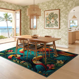 ODIKA Tropical Toucan Jungle Washable Area Rug - Low Pile Non-Slip Living Room Carpet