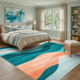 ODIKA Modern Abstract Wavy Teal & Peach Washable Area Rug - Low Pile Non-Slip