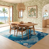 ODIKA Washable Ocean Wave Area Rug - Low Pile Non-Slip Blue Coastal Marine Rug