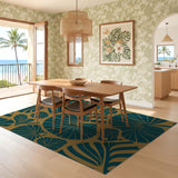 ODIKA Art Deco Teal & Gold Fan Leaf Washable Low Pile Area Rug - Non-Slip & Pet Friendly