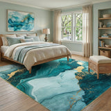 Teal Marble Gold Vein Abstract Area Rug