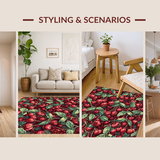 Ultra Soft Area Rug, Non Slip, Stain Resistant, Washable Area Rugs for Living Room, Bedroom, Fruit Bow Rug with Cherry Illustrations and Pink Ribbon Elements(Red)