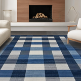 Ultra Soft Area Rug, Non Slip, Stain Resistant, Washable Area Rugs for Living Room, Bedroom, Classic Gray Square Formation(Blue)