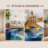 Ultra Soft Area Rug, Non Slip, Stain Resistant, Washable Area Rugs for Living Room, Bedroom, Aurora Flow Rug with Abstract Colorfields and Geometric Blue Gold Accents(Blue)