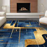 Ultra Soft Area Rug, Non Slip, Stain Resistant, Washable Area Rugs for Living Room, Bedroom, Ombre Geometric Maze Rug with Blue and Gold Gradient, Modern Abstract Design(Blue)