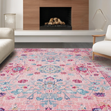 Ultra Soft Area Rug, Non Slip, Stain Resistant, Washable Area Rugs for Living Room, Bedroom, Distressed Pastel Geometric Motif(Pink)
