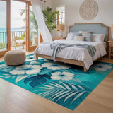 ODIKA Tropical Teal Hibiscus Floral Washable Low Pile Area Rug