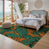 ODIKA Washable Teal and Orange Botanical Art Deco Area Rug - Low Pile Non-Slip