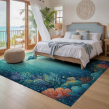Washable Ocean Sea Turtle & Coral Reef Low Pile Area Rug