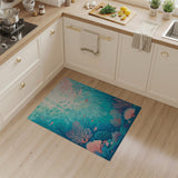 Washable Ocean Coral Reef Area Rug, Teal & Pink Low Pile Coastal Decor
