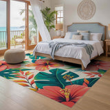 ODIKA Tropical Hibiscus Floral Washable Area Rug - Low Pile Non-Slip Machine Washable Carpet