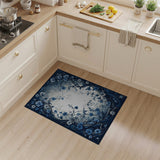 Washable Elegant Blue Botanical Floral Area Rug - Low Pile & Non-Slip