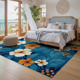 ODIKA Tropical Hibiscus Blue & Orange Floral Washable Area Rug, Non-Slip Low Pile