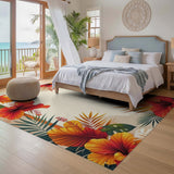 ODIKA Tropical Hibiscus Washable Area Rug - Low Pile Non-Slip Floral Carpet
