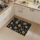 Vintage Black Floral Area Rug with Gold Blue Blooms