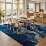 Abstract Navy Blue Gold Wave Area Rug