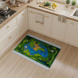 Kids World Map Green Area Rug with Trees Sailboat
