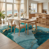 Teal Marble Gold Vein Abstract Area Rug