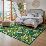 ODIKA Tropical Green Leaf Washable Rug - Low Pile, Non-Slip, Pet & Kid Friendly Botanical Area Rug