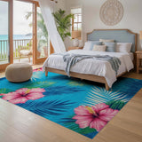 ODIKA Tropical Pink Hibiscus and Palm Leaf Washable Area Rug - Low Pile & Non-Slip