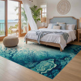 ODIKA Ocean Coral Reef Washable Area Rug - Teal Blue Coastal Low Pile Rug