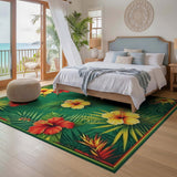 ODIKA Tropical Hibiscus Floral Washable Area Rug - Low Pile Non-Slip Carpet
