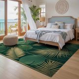 ODIKA Emerald Green and Gold Tropical Leaf Washable Rug - Low Pile Non-Slip Art Deco Area Carpet