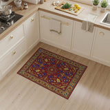 Red Persian Floral Rug with Gold Borders Blue Irises