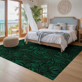 ODIKA Washable Dark Green Botanical Area Rug - Low Pile, Non-Slip & Pet Friendly