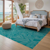 ODIKA Washable Tropical Leaf Teal Area Rug - Non-Slip Low Pile Botanical Carpet