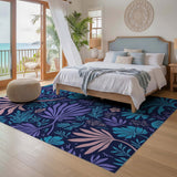 ODIKA Washable Tropical Botanical Midnight Blue Area Rug - Low Pile Non-Slip Rug for Living Room & Bedroom