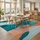 ODIKA Modern Abstract Wavy Teal & Peach Washable Area Rug - Low Pile Non-Slip