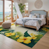 ODIKA Tropical Floral Washable Area Rug - Yellow Hibiscus & Palm Leaves Low Pile Design