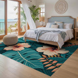 ODIKA Washable Tropical Floral Rug - Teal & Coral Hibiscus Monstera Low Pile Area Rug