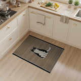 Adorable Black White Cat on Beige Striped Rug