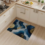 Washable Modern Fluid Art Navy Blue and Gold Low Pile Area Rug