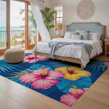 ODIKA Tropical Hibiscus Pink & Blue Floral Washable Low Pile Area Rug