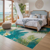 ODIKA Tropical Palm Leaf & Hibiscus Washable Low Pile Area Rug
