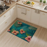 Washable Tropical Teal Hibiscus Area Rug - Low Pile, Non-Slip, Pet Friendly