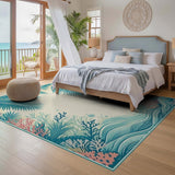 ODIKA Tropical Coastal Palm & Coral Washable Area Rug - Low Pile Non-Slip Indoor Rug