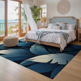 ODIKA Washable Blue Tropical Leaf Area Rug - Low Pile Non-Slip Botanical Rug for Living Room