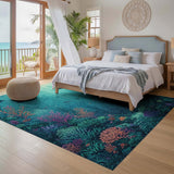 ODIKA Washable Sea Turtle & Coral Reef Area Rug, Low Pile Robot Vacuum Friendly Non-Slip Carpet